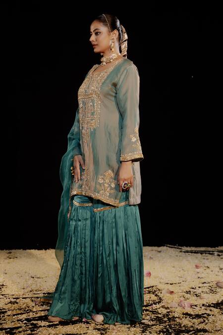 Buy_Gul By Aishwarya_Green Satin, Silk , Tissue, Zari, Damask Kurta Gharara Set 