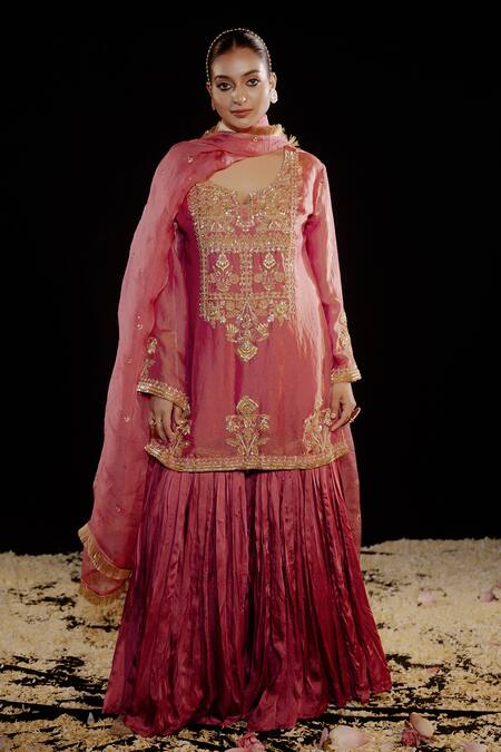 Buy_Gul By Aishwarya_Pink Satin, Silk, Tissue, Organza Embroidery, Damask Fleur Kurta Gharara Set _Online_at_Aza_Fashions