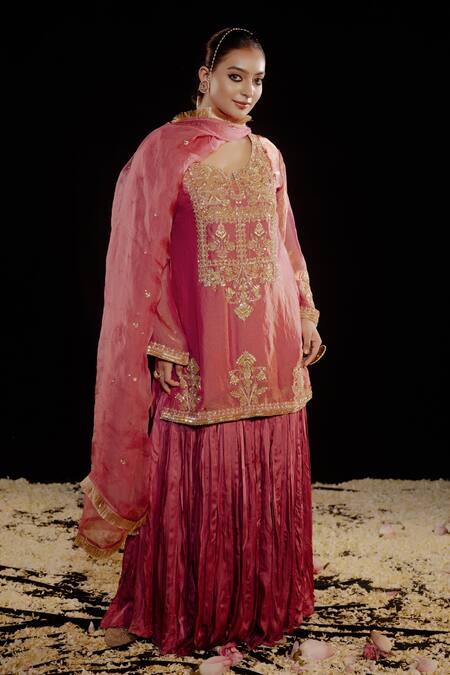 Gul By Aishwarya_Pink Satin, Silk, Tissue, Organza Embroidery, Damask Fleur Kurta Gharara Set _at_Aza_Fashions