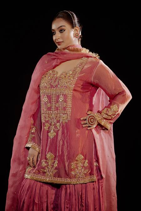 Buy_Gul By Aishwarya_Pink Satin, Silk, Tissue, Organza Embroidery, Damask Fleur Kurta Gharara Set 