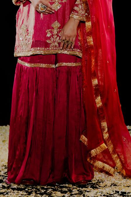 Gul By Aishwarya_Pink Satin, Tissue, Organza Embroidery, Zari, Fleur Mahal Kurta Gharara Set _Online_at_Aza_Fashions