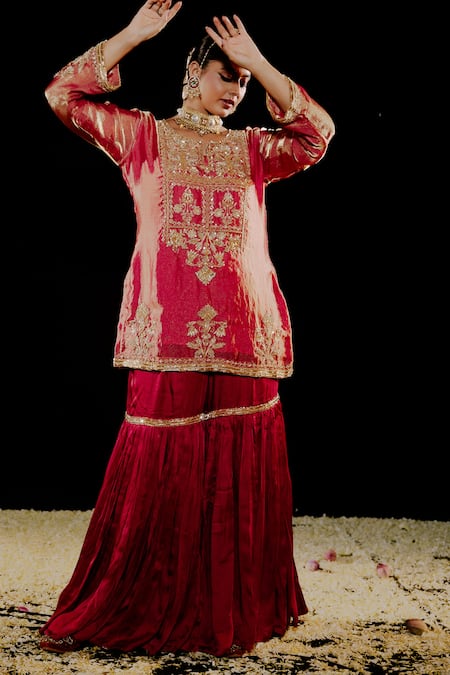 Buy_Gul By Aishwarya_Pink Satin, Tissue, Organza Embroidery, Zari, Fleur Mahal Kurta Gharara Set _Online_at_Aza_Fashions