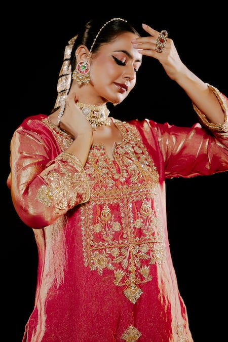 Shop_Gul By Aishwarya_Pink Satin, Tissue, Organza Embroidery, Zari, Fleur Mahal Kurta Gharara Set _Online_at_Aza_Fashions