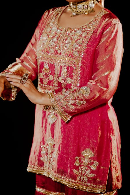 Gul By Aishwarya_Pink Satin, Tissue, Organza Embroidery, Zari, Fleur Mahal Kurta Gharara Set _at_Aza_Fashions