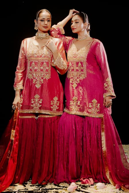 Buy_Gul By Aishwarya_Pink Satin, Tissue, Organza Embroidery, Zari, Fleur Mahal Kurta Gharara Set 