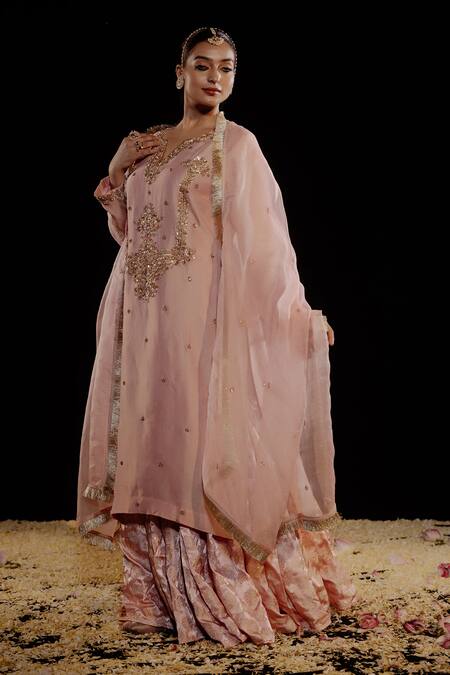 Gul By Aishwarya_Pink Tissue, Brocade, Silk Organza Sequins, Bloom Crest Kurta Gharara Set _Online_at_Aza_Fashions