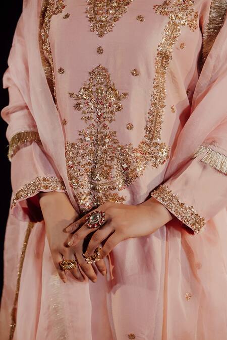 Buy_Gul By Aishwarya_Pink Tissue, Brocade, Silk Organza Sequins, Bloom Crest Kurta Gharara Set _Online_at_Aza_Fashions