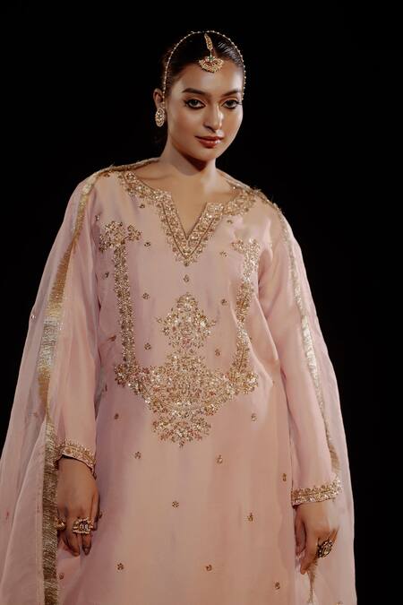 Buy_Gul By Aishwarya_Pink Tissue, Brocade, Silk Organza Sequins, Bloom Crest Kurta Gharara Set 