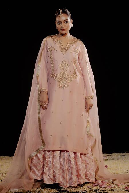Shop_Gul By Aishwarya_Pink Tissue, Brocade, Silk Organza Sequins, Bloom Crest Kurta Gharara Set 