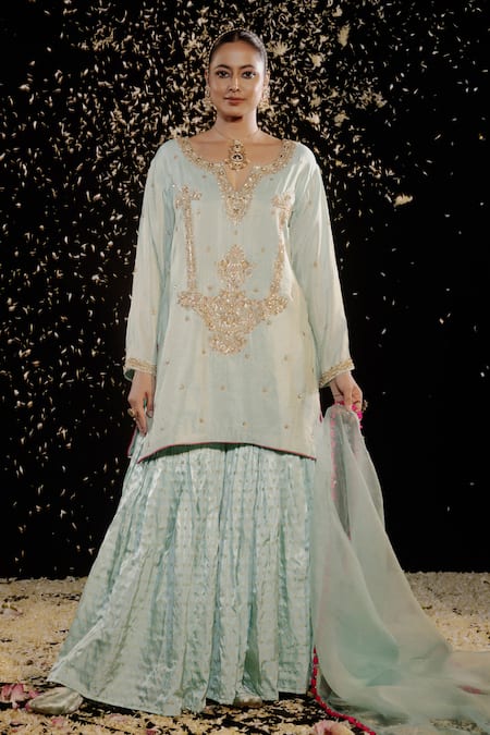 Gul By Aishwarya Sea Green Embroidered Kurta Gharara Set 