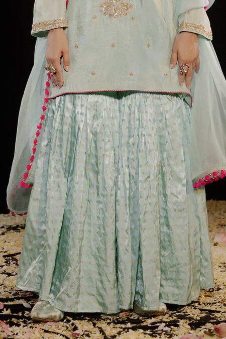 Shop Gul By Aishwarya Green Tissue, Brocade, Silk Organza Embroidery, Tassels Sea Kurta Gharara Set Online at Aza Fashions Shop_Gul By Aishwarya_Green Tissue, Brocade, Silk Organza Embroidery, Tassels Sea Kurta Gharara Set _Online_at_Aza_Fashions