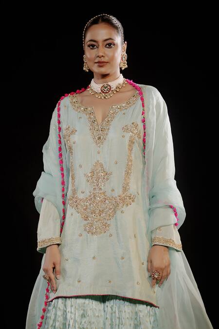 Gul By Aishwarya Green Tissue, Brocade, Silk Organza Embroidery, Tassels Sea Kurta Gharara Set at Aza Fashions Gul By Aishwarya_Green Tissue, Brocade, Silk Organza Embroidery, Tassels Sea Kurta Gharara Set _at_Aza_Fashions