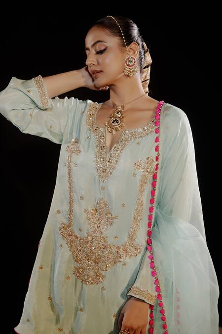 Buy Gul By Aishwarya Green Tissue, Brocade, Silk Organza Embroidery, Tassels Sea Kurta Gharara Set Buy_Gul By Aishwarya_Green Tissue, Brocade, Silk Organza Embroidery, Tassels Sea Kurta Gharara Set