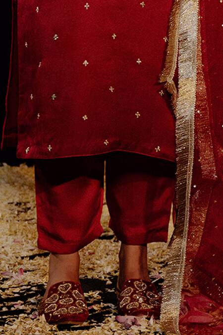 Gul By Aishwarya_Maroon Satin, , Organza Sequins, Embroidery Paisley Crest Kurta Set _Online_at_Aza_Fashions