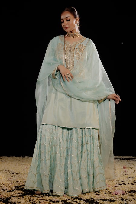 Gul By Aishwarya Green Tissue Embroidery Zardozi Round Neck Phool Crest Kurta Gharara Set 