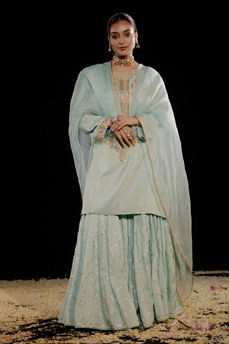 Gul By Aishwarya_Green Tissue, Chanderi, Silk Organza Embroidery Phool Crest Kurta Gharara Set _Online_at_Aza_Fashions