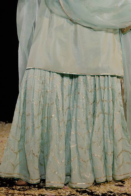 Buy_Gul By Aishwarya_Green Tissue, Chanderi, Silk Organza Embroidery Phool Crest Kurta Gharara Set _Online_at_Aza_Fashions