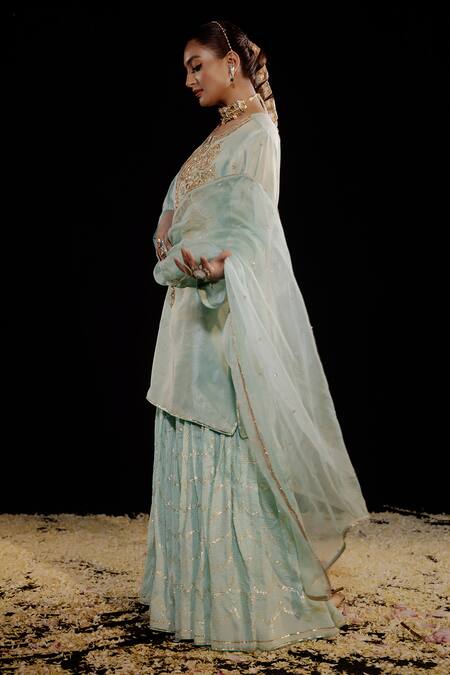 Shop_Gul By Aishwarya_Green Tissue, Chanderi, Silk Organza Embroidery Phool Crest Kurta Gharara Set _Online_at_Aza_Fashions