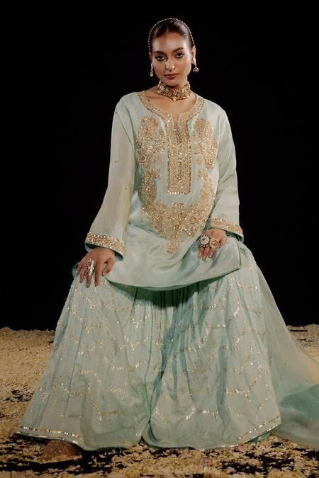 Gul By Aishwarya_Green Tissue, Chanderi, Silk Organza Embroidery Phool Crest Kurta Gharara Set _at_Aza_Fashions