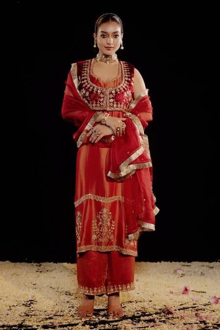 Buy_Gul By Aishwarya_Orange Tissue, Silk Organza Embroidery, Sequins Floral Crest Kurta Pant Set _Online_at_Aza_Fashions