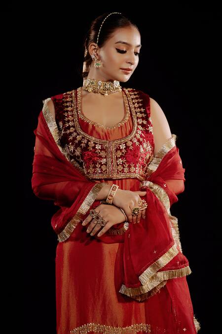 Shop_Gul By Aishwarya_Orange Tissue, Silk Organza Embroidery, Sequins Floral Crest Kurta Pant Set _Online_at_Aza_Fashions