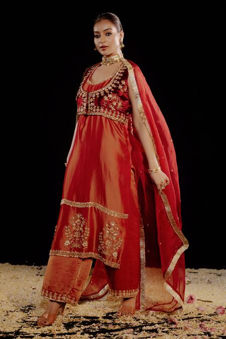 Gul By Aishwarya_Orange Tissue, Silk Organza Embroidery, Sequins Floral Crest Kurta Pant Set _at_Aza_Fashions