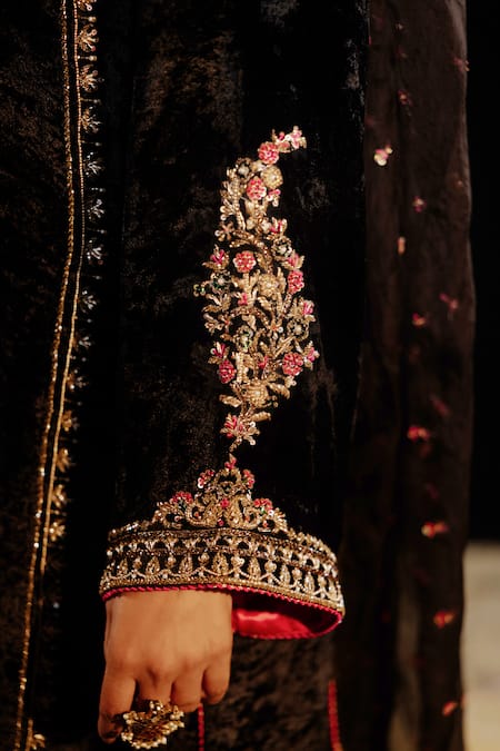 Shop_Gul By Aishwarya_Black Satin, , Organza Embroidery Sweetheart Rani Haar Kurta Pant Set _Online_at_Aza_Fashions