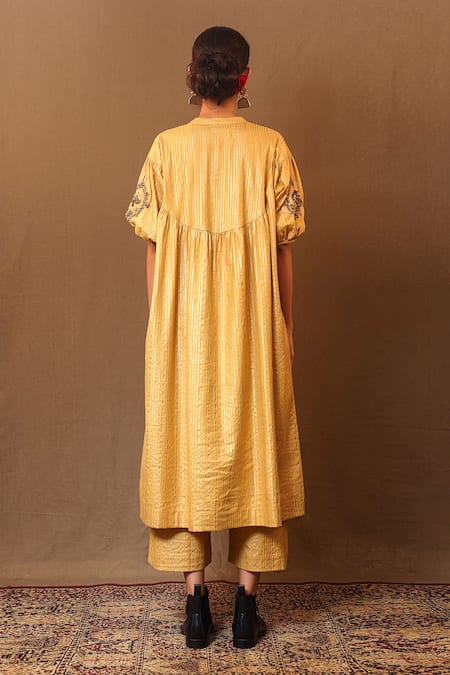 Shop MATI_1 Yellow Cotton Zari Mandarin Collar Zardozi Sleeve Embroidered Kurta And Pant Set at Aza Fashions Shop_MATI_1_Yellow Cotton Zari Mandarin Collar Zardozi Sleeve Embroidered Kurta And Pant Set _at_Aza_Fashions
