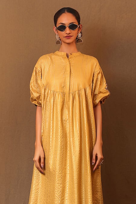 MATI_1 Yellow Cotton Zari Mandarin Collar Zardozi Sleeve Embroidered Kurta And Pant Set Online at Aza Fashions MATI_1_Yellow Cotton Zari Mandarin Collar Zardozi Sleeve Embroidered Kurta And Pant Set _Online_at_Aza_Fashions