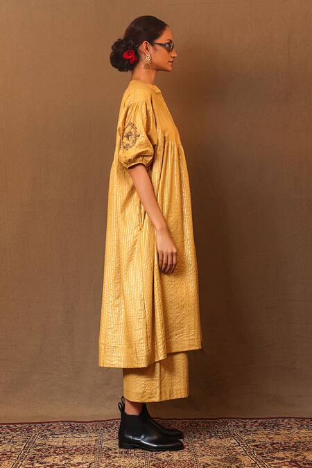 Buy MATI_1 Yellow Cotton Zari Mandarin Collar Zardozi Sleeve Embroidered Kurta And Pant Set Online at Aza Fashions Buy_MATI_1_Yellow Cotton Zari Mandarin Collar Zardozi Sleeve Embroidered Kurta And Pant Set _Online_at_Aza_Fashions