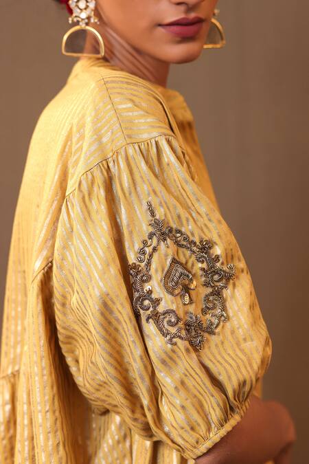 Shop MATI_1 Yellow Cotton Zari Mandarin Collar Zardozi Sleeve Embroidered Kurta And Pant Set Online at Aza Fashions Shop_MATI_1_Yellow Cotton Zari Mandarin Collar Zardozi Sleeve Embroidered Kurta And Pant Set _Online_at_Aza_Fashions