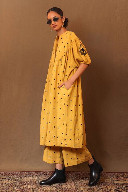 Shop_MATI_1_Yellow Cotton Embroidery Mandarin Collar Spade Kurta And Flared Pant Set _Online_at_Aza_Fashions