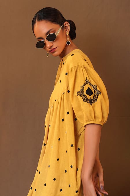 MATI_1_Yellow Cotton Embroidery Mandarin Collar Spade Kurta And Flared Pant Set _at_Aza_Fashions
