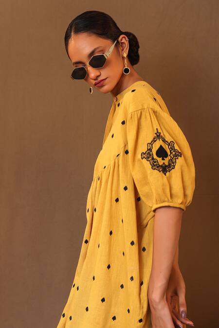 Shop MATI_1 Yellow Cotton Embroidery Mandarin Collar Spade Tunic Online at Aza Fashions Shop_MATI_1_Yellow Cotton Embroidery Mandarin Collar Spade Tunic _Online_at_Aza_Fashions
