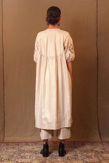 Shop MATI_1 Off White Cotton Zari, Embroidery Mandarin Collar Linear Woven Tunic at Aza Fashions Shop_MATI_1_Off White Cotton Zari, Embroidery Mandarin Collar Linear Woven Tunic _at_Aza_Fashions