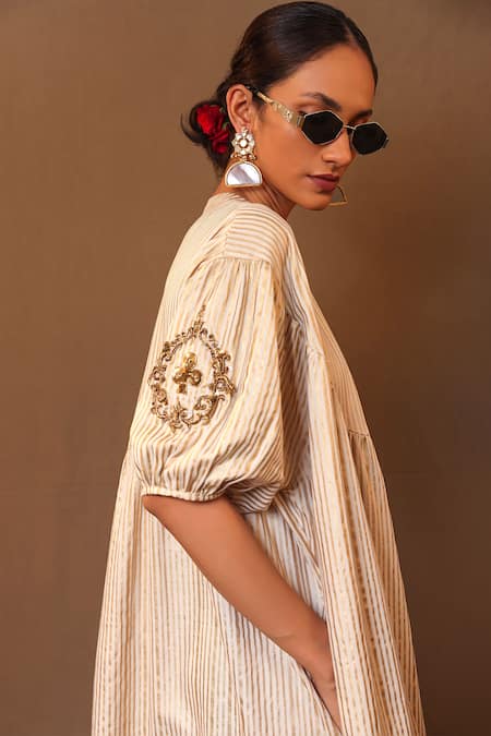 MATI_1 Off White Cotton Zari, Embroidery Mandarin Collar Linear Woven Tunic Online at Aza Fashions MATI_1_Off White Cotton Zari, Embroidery Mandarin Collar Linear Woven Tunic _Online_at_Aza_Fashions