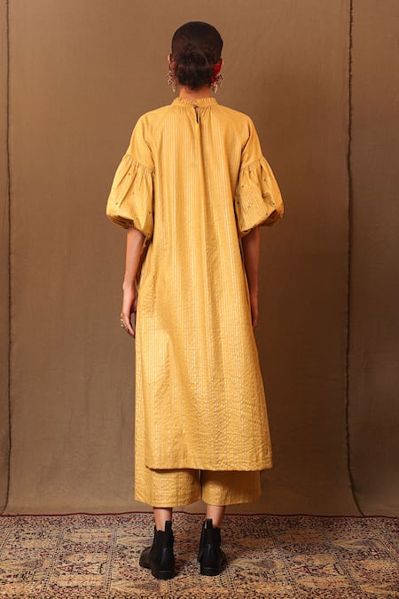 Shop_Mati_Yellow Cotton Sequins Round Neck Club Embroidered Kurta And Pant Set _at_Aza_Fashions
