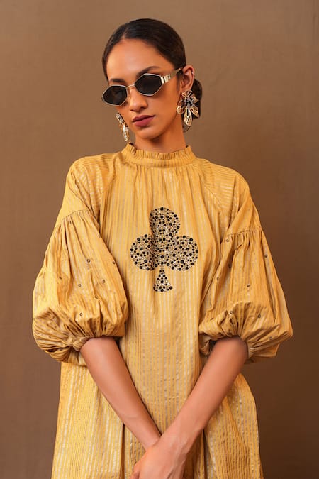 Shop_Mati_Yellow Cotton Sequins Round Neck Club Embroidered Kurta And Pant Set _Online_at_Aza_Fashions
