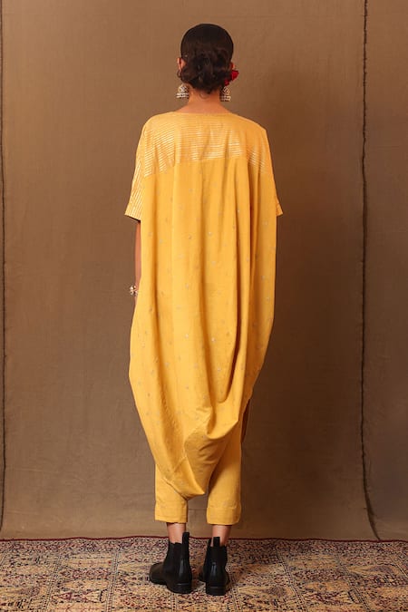 Shop_MATI_1_Yellow Cotton Zari, Embroidery Boat Neck Cowl Kurta And Pant Set _at_Aza_Fashions