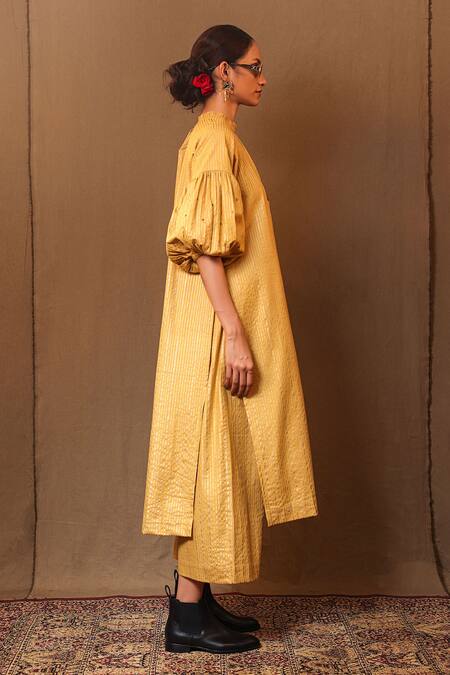 MATI_1_Yellow Cotton Embroidery Round Neck Club Placement Kurta _Online_at_Aza_Fashions