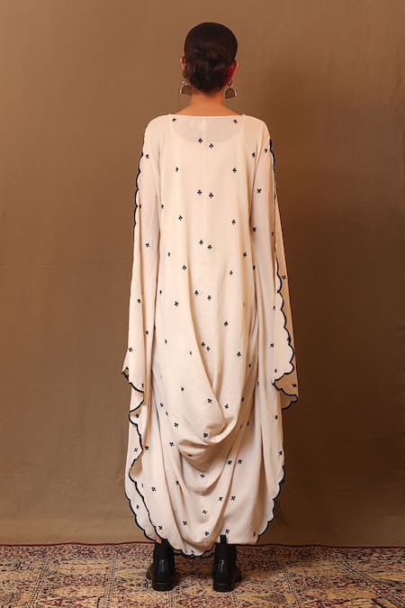 Shop_MATI_1_Off White Cotton Embroidery Boat Neck Club Dress _at_Aza_Fashions