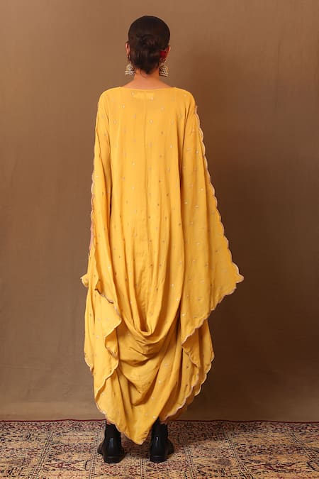 Shop_Mati_Yellow Cotton Embroidery Boat Neck Zari Cowl Dress _at_Aza_Fashions
