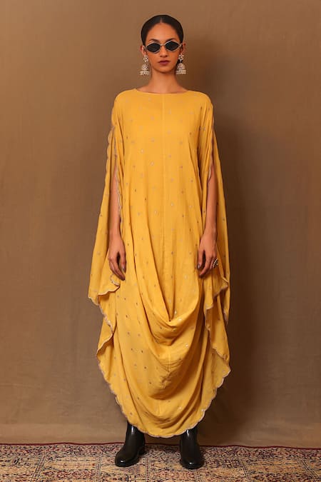 Mati_Yellow Cotton Embroidery Boat Neck Zari Cowl Dress _Online_at_Aza_Fashions