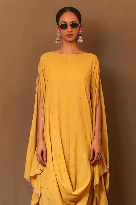 Buy_Mati_Yellow Cotton Embroidery Boat Neck Zari Cowl Dress _Online_at_Aza_Fashions