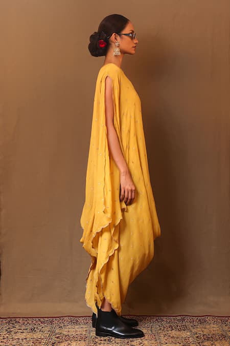 Shop_Mati_Yellow Cotton Embroidery Boat Neck Zari Cowl Dress _Online_at_Aza_Fashions