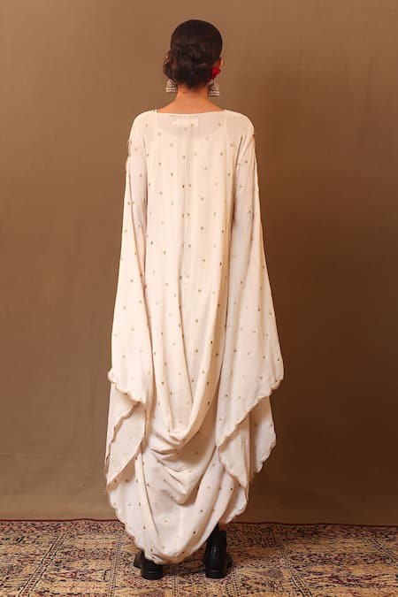 Shop_Mati_Off White Cotton Zari Boat Neck Heart Embroidered Cowl Dress _at_Aza_Fashions