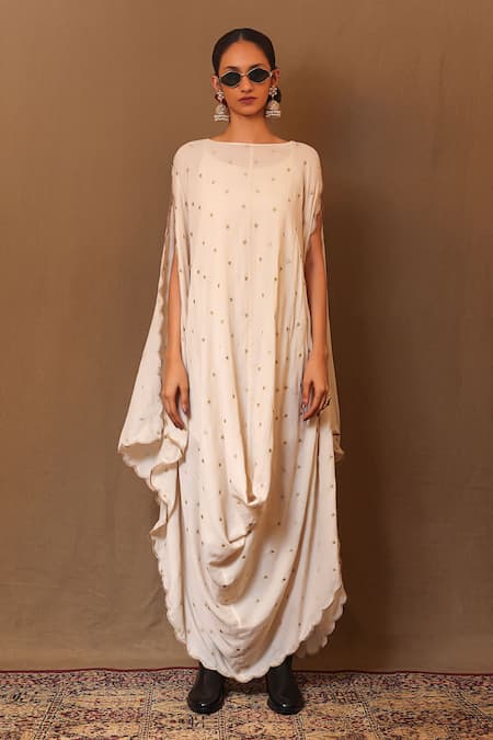 Mati_Off White Cotton Zari Boat Neck Heart Embroidered Cowl Dress _Online_at_Aza_Fashions