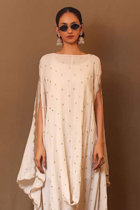 Buy_Mati_Off White Cotton Zari Boat Neck Heart Embroidered Cowl Dress _Online_at_Aza_Fashions