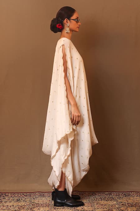Shop_Mati_Off White Cotton Zari Boat Neck Heart Embroidered Cowl Dress _Online_at_Aza_Fashions