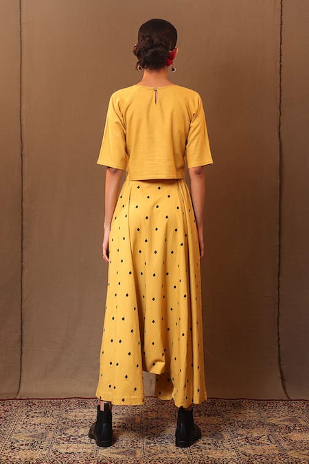 Shop_Mati_Yellow Cotton Embroidery Spade Harem Pant _at_Aza_Fashions